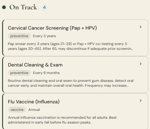 A Kinvera screening list showing on-track preventive care, including cervical cancer screening, dental cleaning, and flu vaccination, each with its recommended frequency.